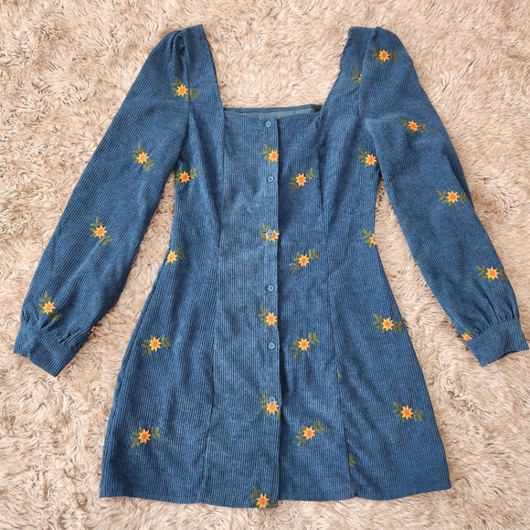 Cider Blue Corduroy Embroidered Floral Long Sleeve Mini Dress Women's Size Small - Picture 3 of 10